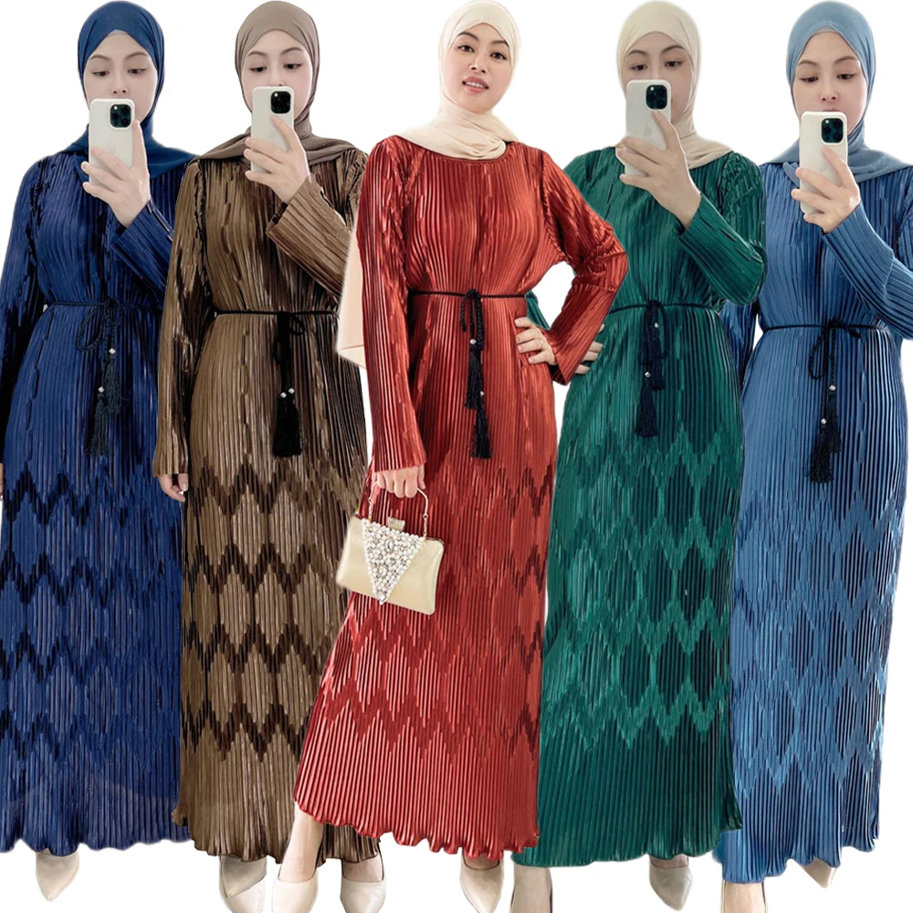 

2023 Eid Mubarak Pleated Abaya Elegant Women Muslim Dress Turkey Islam Kaftan Arab Robe Belted Jalabiya Evening Ramadan Vestidos