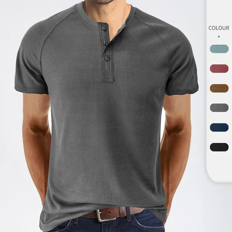 

Вафельная трикотажная Летняя мужская Свободная рубашка для отпуска Повседневный Топ с коротким рукавом модная мужская одежда