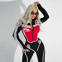 oshoplive female fashion sportswear black and red high waist slim zipper striped color block sports gym yoga suits for women
