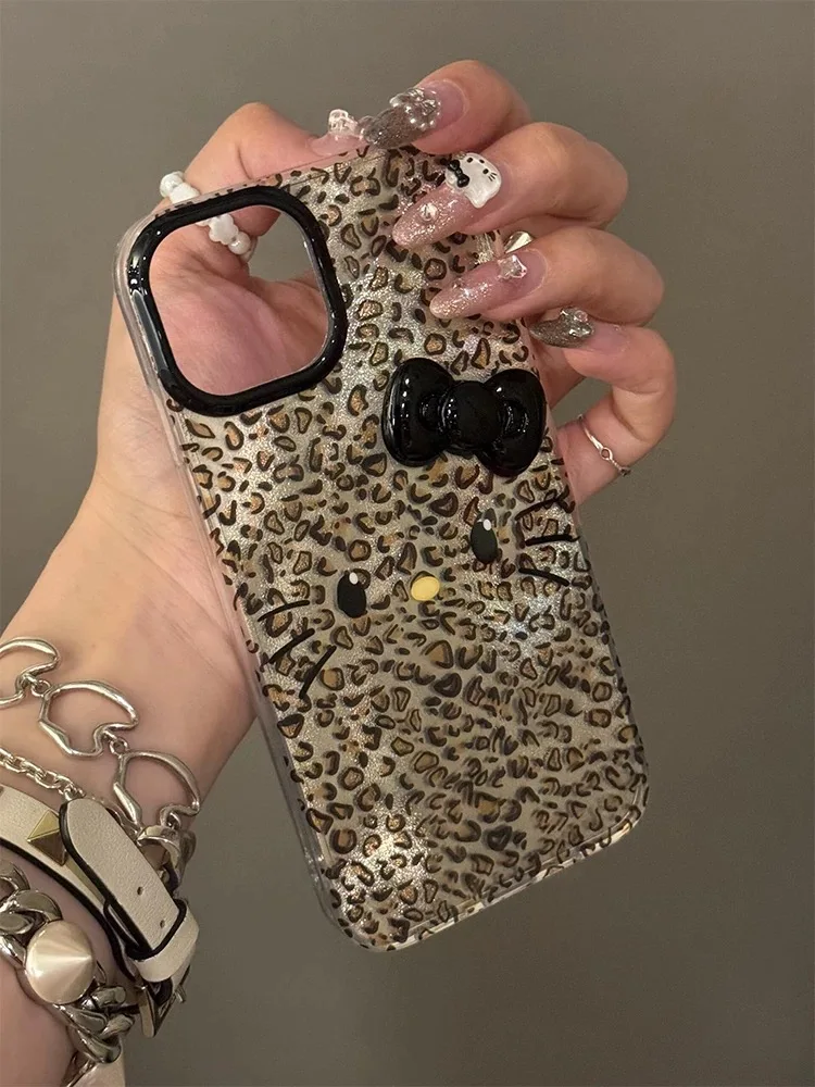 Чехол Для Телефона С Принтом Hello Kitty Черный Леопардовый Дизайн Совместимый iPhone 15 14