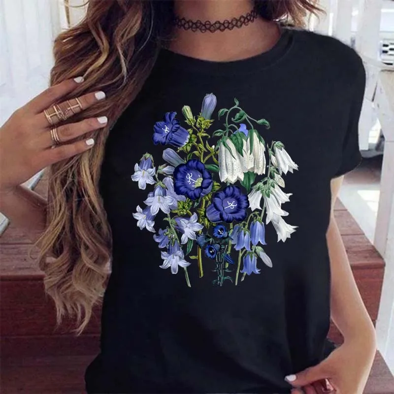 

New Funny Flower Print Women Female Tshirt Summer Harajuku Short Sleeve White T Shirts Cartoon Casual Woman Tops Clothes