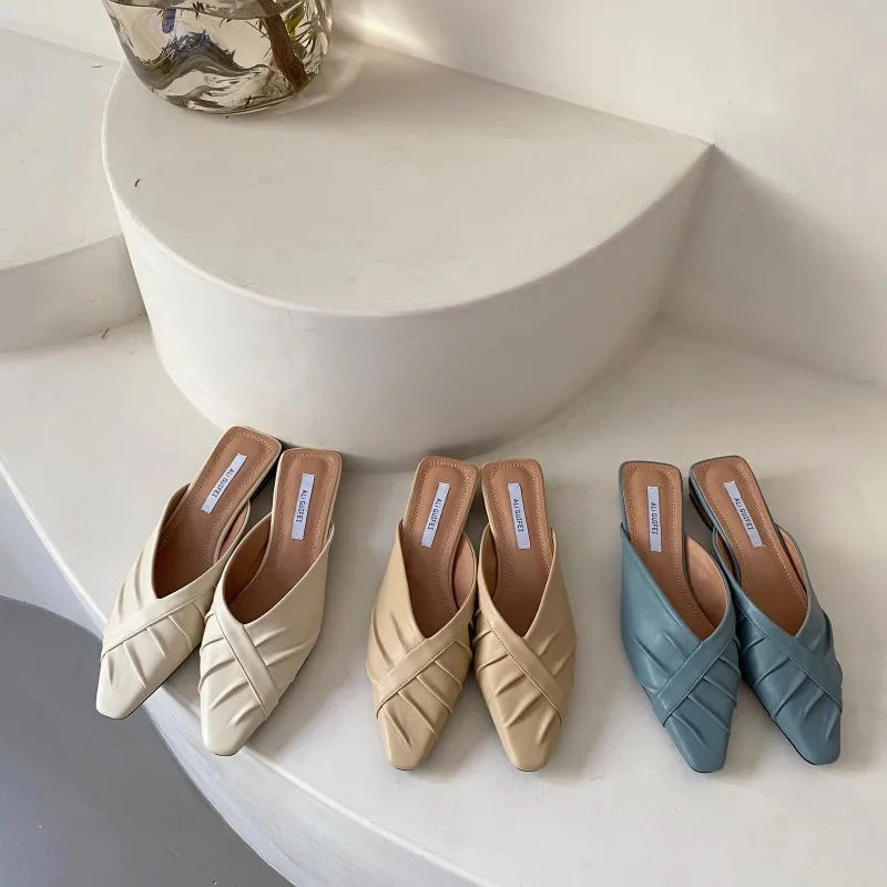 

Тапки женские с закрытым носком, роскошные сланцы, низкая квадратная дизайнерская резиновая ткань, модные плиссированные римские базовые, ...