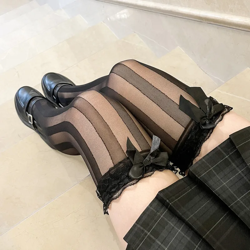 

Summer Dark Vertical Stripes Black Silk Jacquard Stretch Thigh High Socks Japanese Street Shooting JK Uniform Hold-Ups Over The