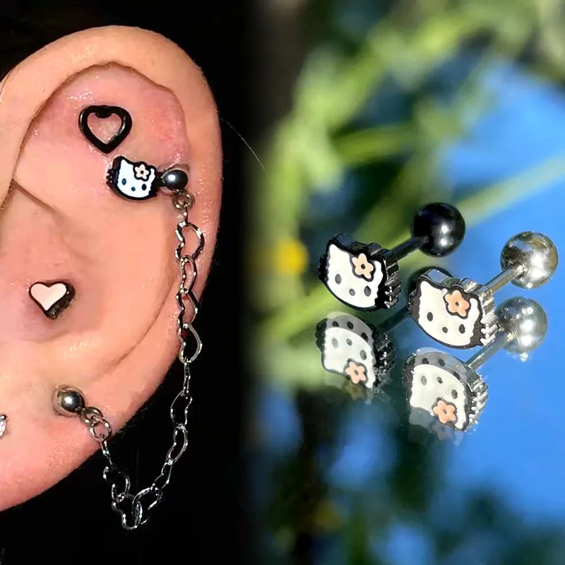 2PC Cute Cat Heart Stud Earrings Stainless Steel Ear Piercing Earring Cartilage Helix Ear Ring Tragus Conch Jewelry Korean Women