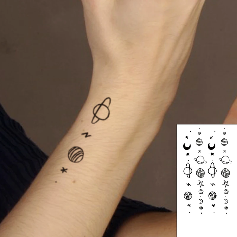 

Temporary Tattoo Stickers Black Stars Planet Interstellar Galaxy Fake Tattoos Waterproof Tatoos Hand Small Size for Women Men