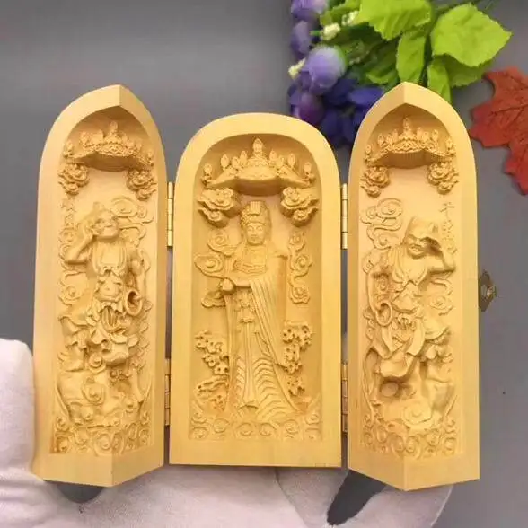 Фото Резная статуэтка Будды из палисандра (CZ boxwood) для дома, портативный футляр, Гуаньинь, Гуань Гунфанг, три священных символа, три открывающихся отсека. №2