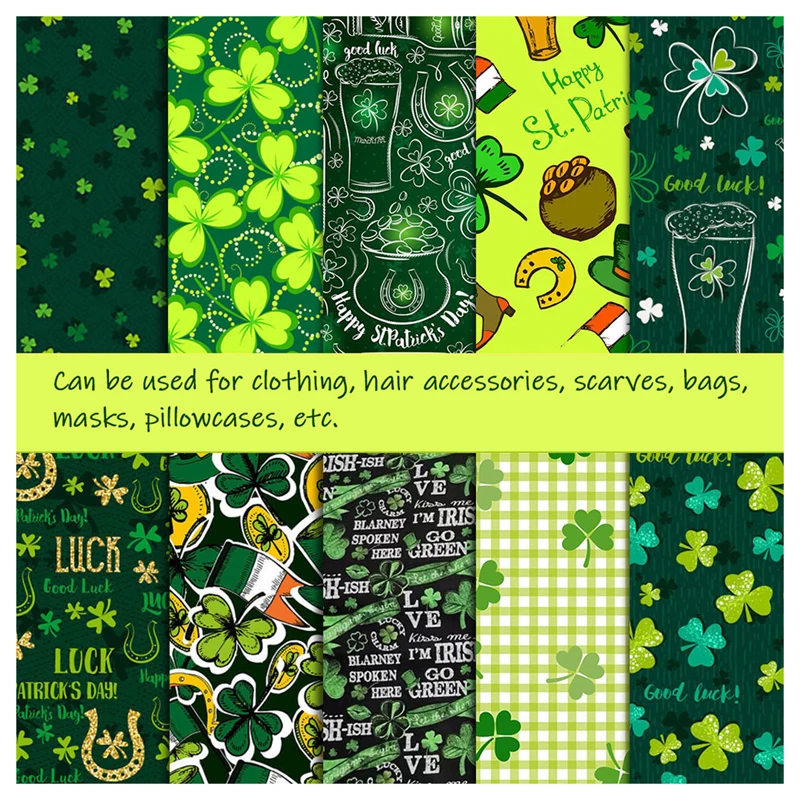 

Green Clover Print Quilting Fabric 10 Pcs Patrick's Day Theme Precut Cotton Fabric Cartoon Fabric Bundles for DIY Sewing