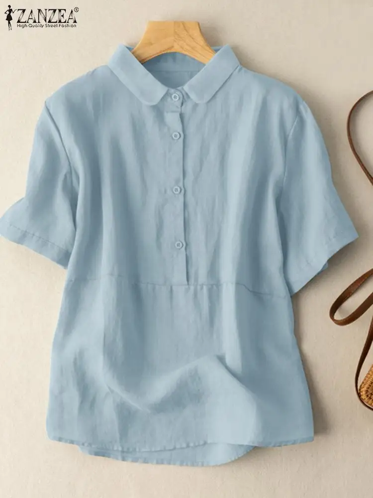 

Women Vintage Solid Blouse 2022 Summer Lapel Tops ZANZEA Casual Short Sleeve Shirts Fashion Office Lady Baggy Camisas Oversized