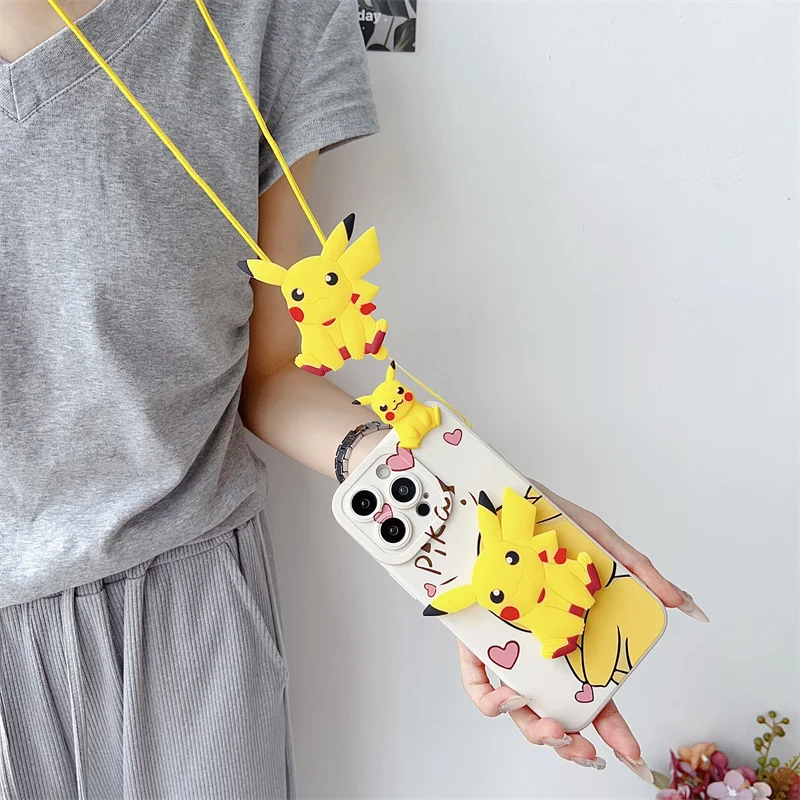 Чехол-подставка для iPhone 11 12 13 14 15 Pro Max Y2K с 3D Аниме милым покемоном Пикачу ремешком