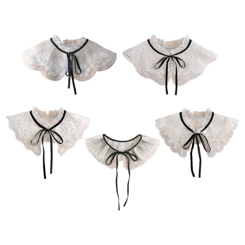 

Sweet Organza Lace Faux Collar Women Embroidery Pearls Beading Shawl Capelet