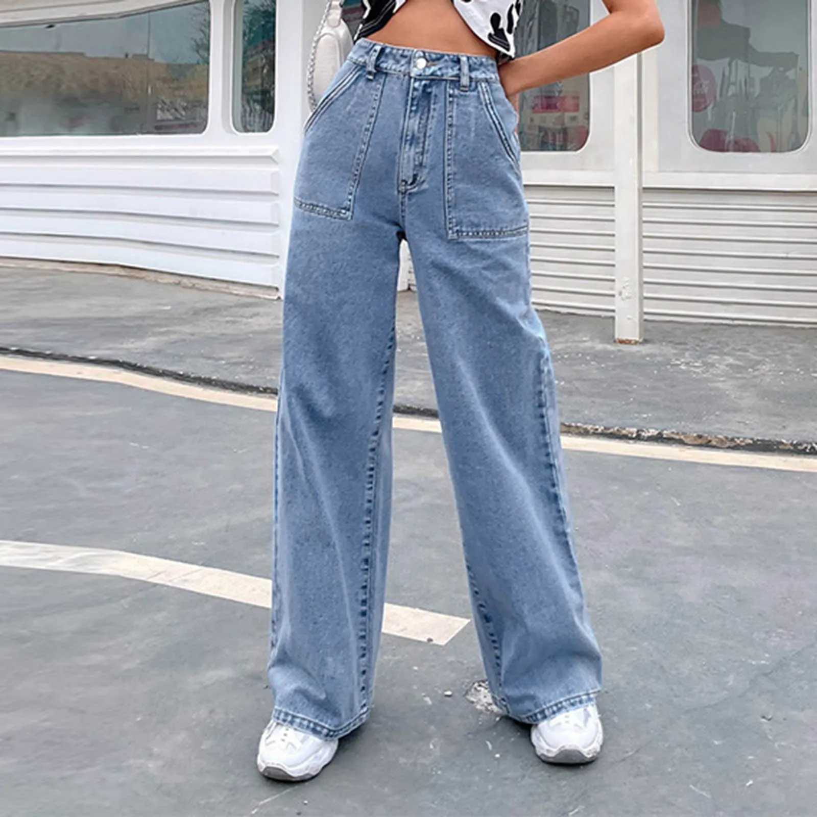 Fashion Jeans Women's Casual Pocket High Waist Zipper Jeans Loose Pants Korean-style Pants