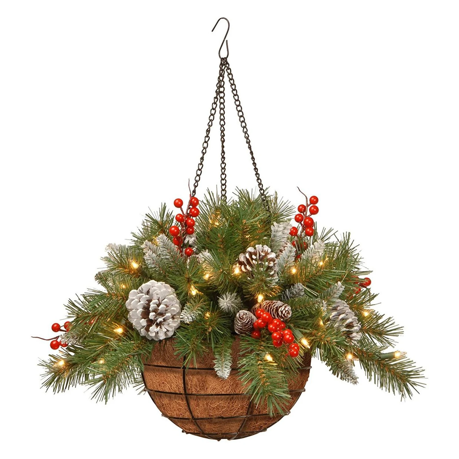 Artificial Christmas Hanging Basket Flocked With Mixed Decorations And White LED Lights Hanging Ornament Xmas Decor