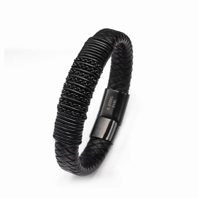 

Black Charm Genuine Leather Men Male Sporty Charm Bracelets Punk Handmade Stainless Steel Chain Link Cuff Bracelet homme