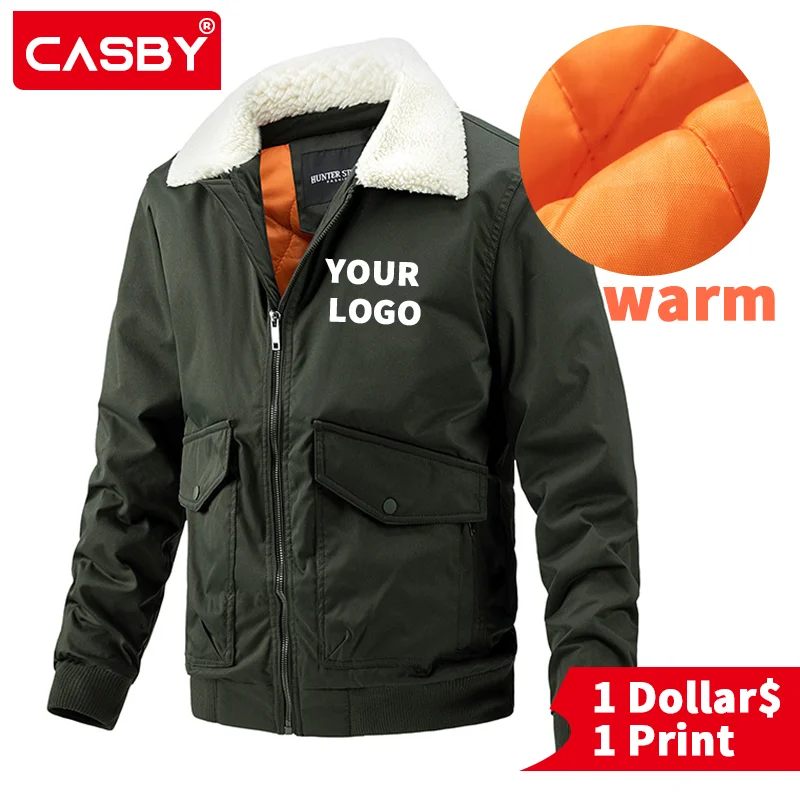 

Custom Logo Thicken Bomber Jacket Men 2022 New Autumn Winter Casual Jacket With Warm Fur Collar Men Clothing Street Solid Coats