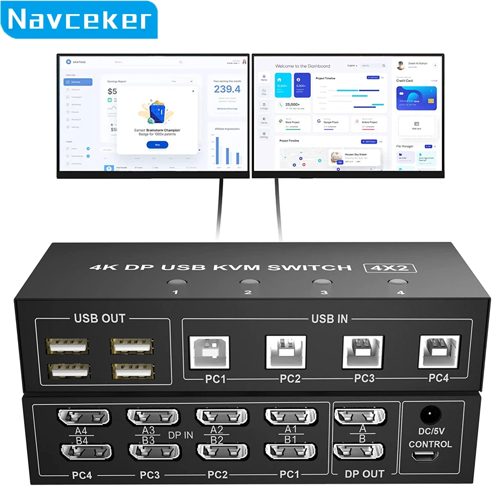 4 порта HDMI KVM Switch 4X2 двойной монитор 4K @ 60 Гц Расширенный дисплей DP USB KVM переключатель 4 в 2 выход для 4 ПК Share клавиатура мышь