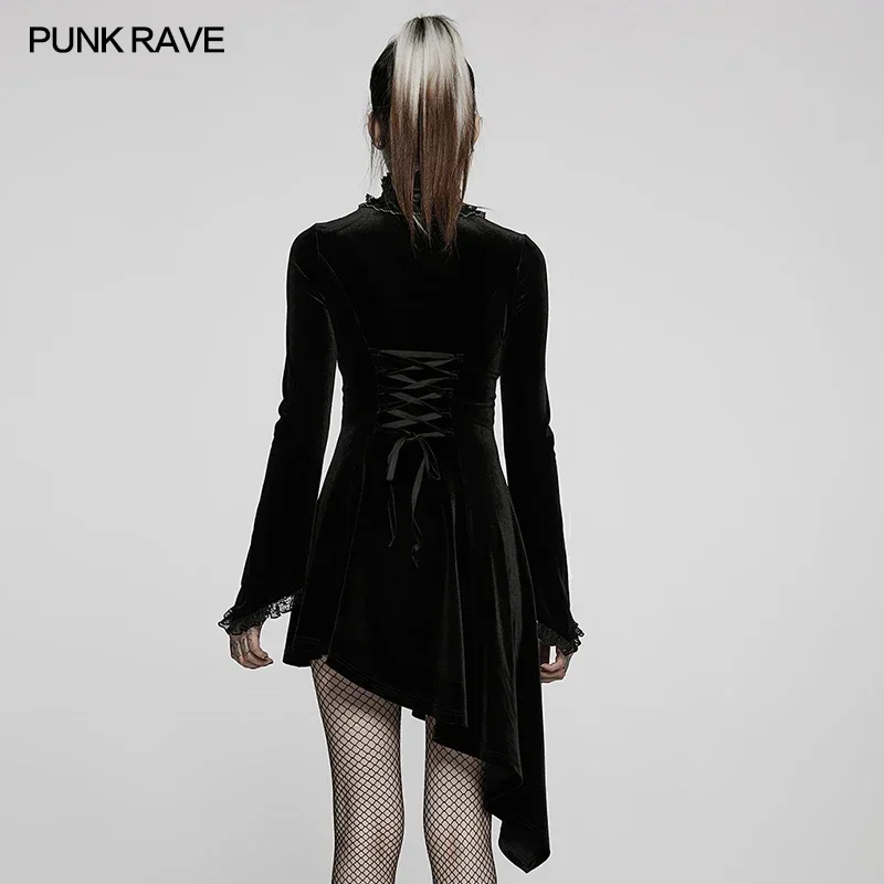 PUNK RAVE Готическое женское платье с асимметричным подолом плотное бархатное