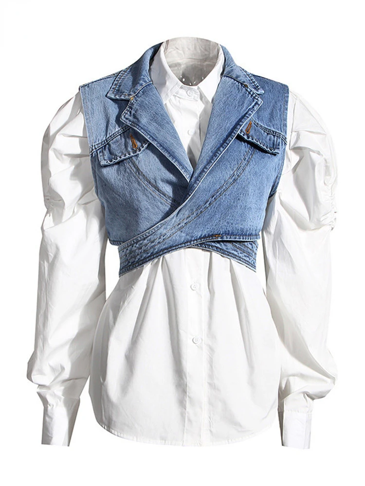 

Женская джинсовая Асимметричная блузка, синяя свободная рубашка с отложным воротником и длинными рукавами-фонариками, модель 1Z595 на весну и осень, 2023