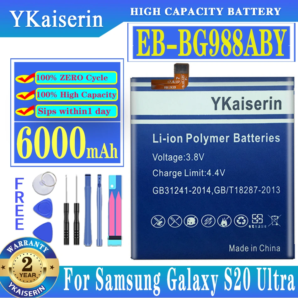 

YKaiserin Replacement Phone Battery EB-BG988ABY for Samsung Galaxy S20 Ultra S20Ultra S20U 6000mAh Batteries + Free Tools