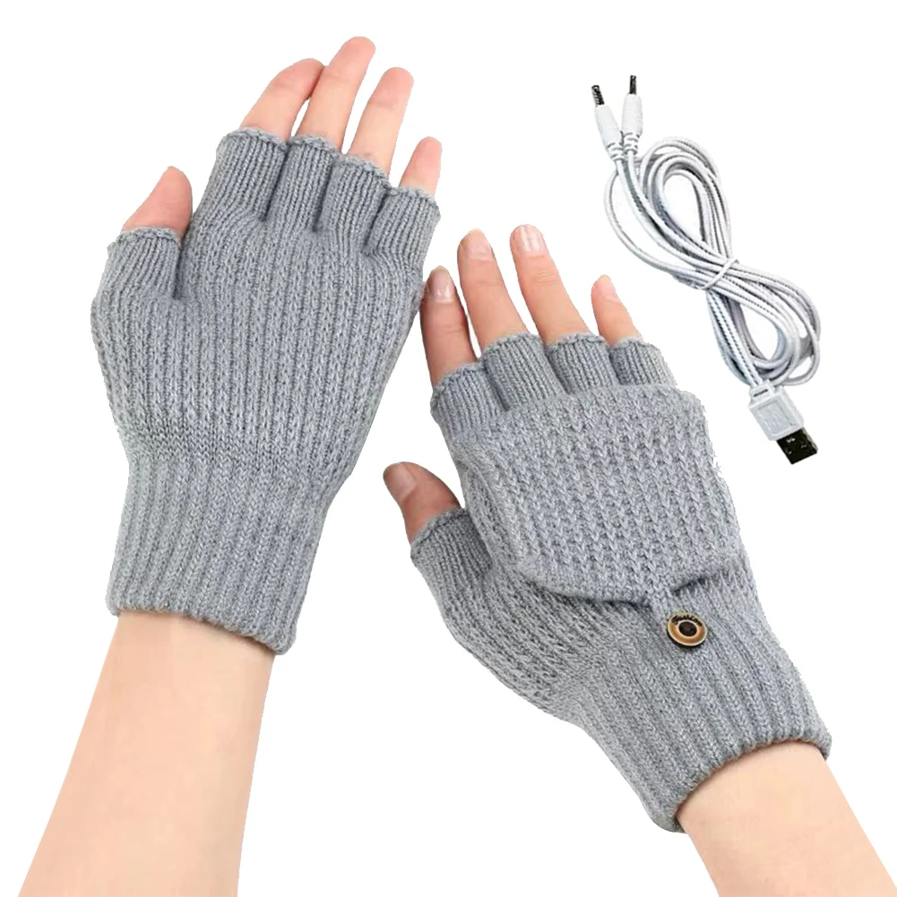 Вязаные перчатки с USB-подогревом половиной пальца нескользящие термовязаные