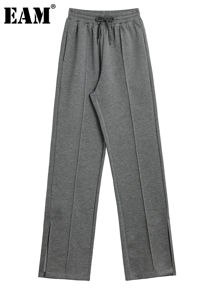 

[EAM] High Elastic Waist Gray Brief Long Wide Leg Trousers New Loose Fit Pants Women Fashion Tide Spring Autumn 2022 1DE6458