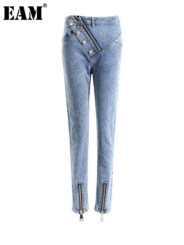 

[EAM] High Waist Blue Zipper Irregular Long Casual Pencil Jeans New Loose Women Trousers Fashion Tide Spring Autumn 2023 1DE9151