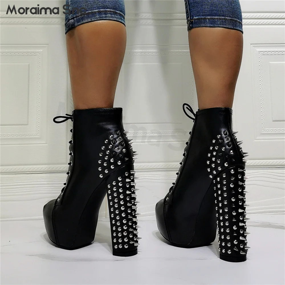 Black Stud Block Heel Lace-Up Booties Punk High Heel Block Heel Platform Sexy Fashion Large Size Women's Shoes
