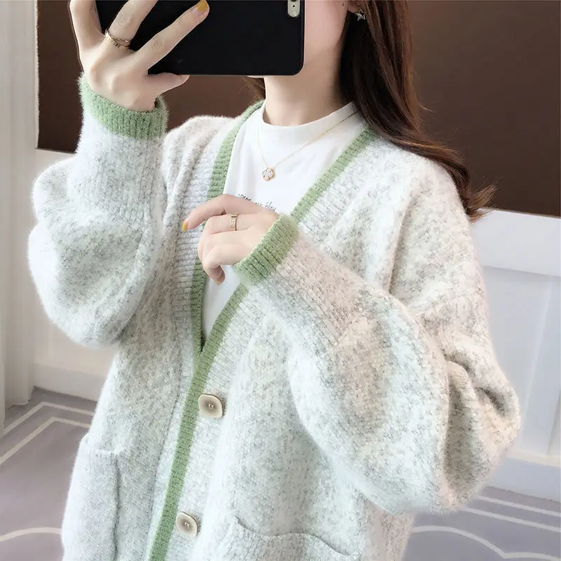 

Women V Neck Knitted Cardigan Sweater Female Vintage Knit Sweaters Long Sleeve Fashion Autumn Oversize Jumper Tops Sweaters G173