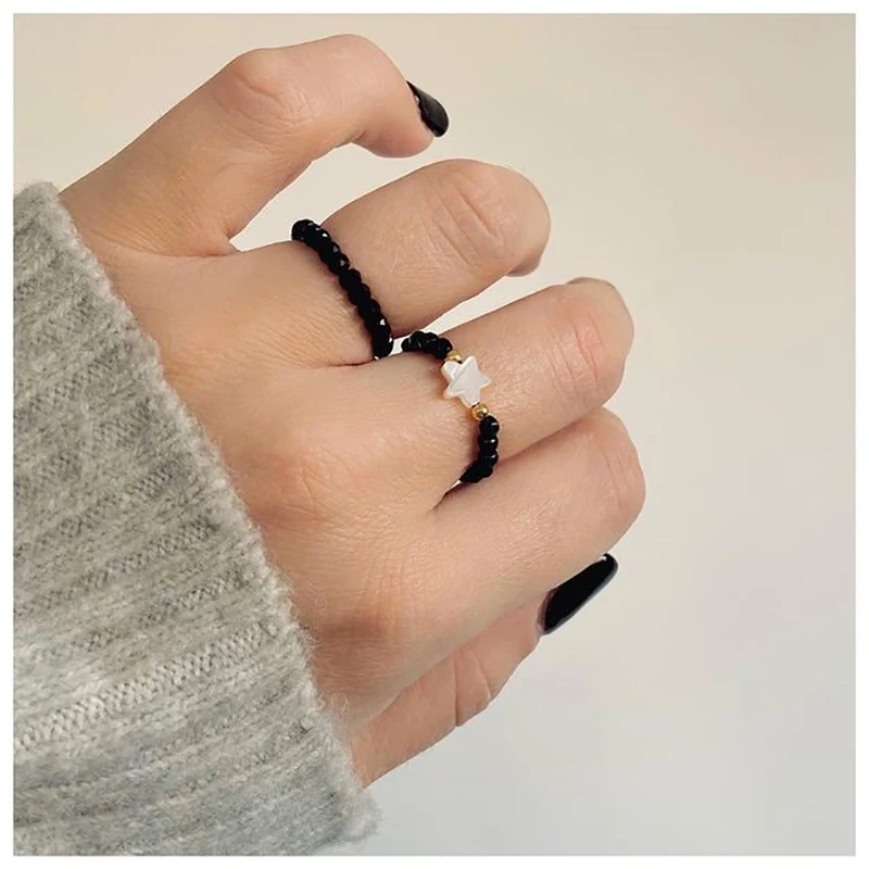 

Romantic Natural Stone Obsidian Freshwater Pearl Rings for Women Shell Ring Star Heart Stainless Steel Bead Wedding Jewlery Gift