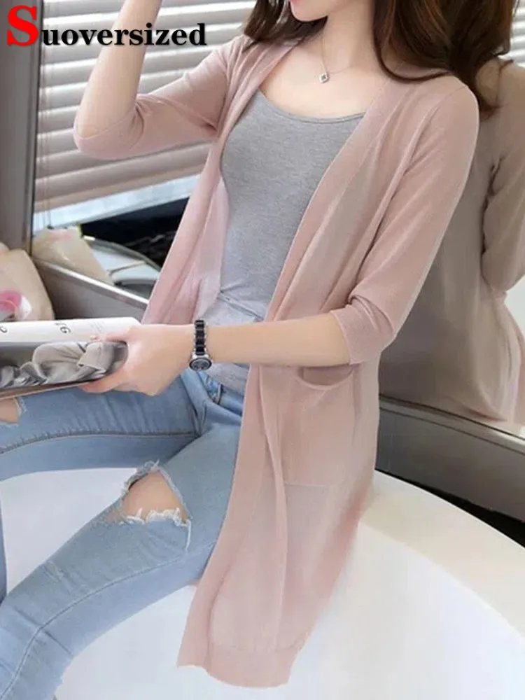 

Sunscreen Thin Summer Mid-length Knitted Cardigan Knitewear Casual Loose Jacket Long Sleeve Tops Women Korean New Shawl Coats