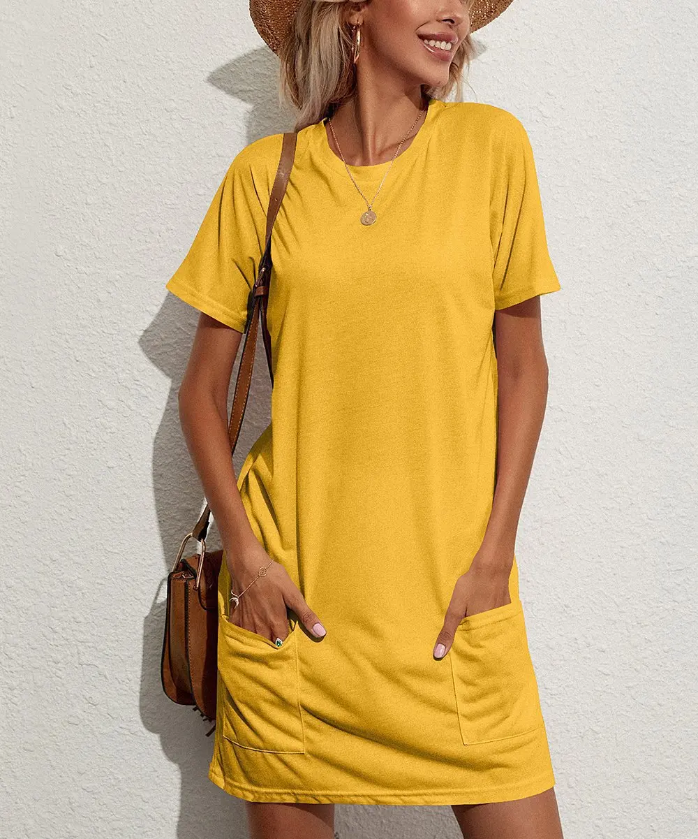 

Women's Dress Spring Summer 2022 New Round Neck Solid Short Sleeve Casual Loose T-shirt Dress Pocket Short Dresses