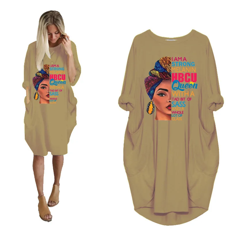 

2022 Autumn Summer New Fashion African Dress For Women Pocket Black Beatiful Letters Print T Shirt Dresses Midi Robe Femme Tops