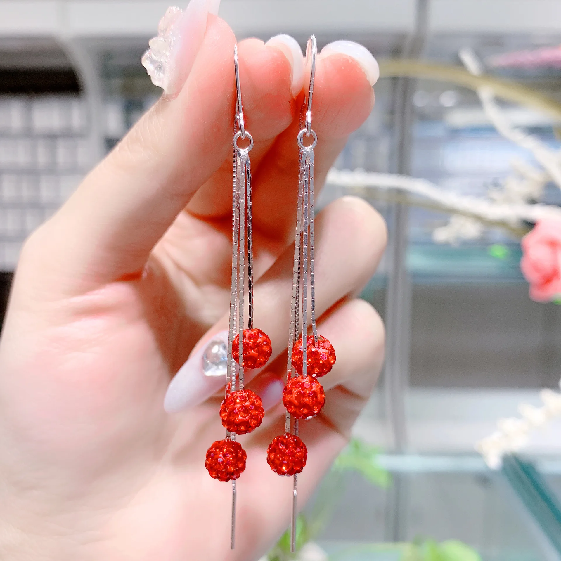 

Silver 925 Earrings Red Ball Piercing Ear Cuffs Long Tassel Earrings for Women 2022 Trend Fine Jewelry 925 Silver Earrings