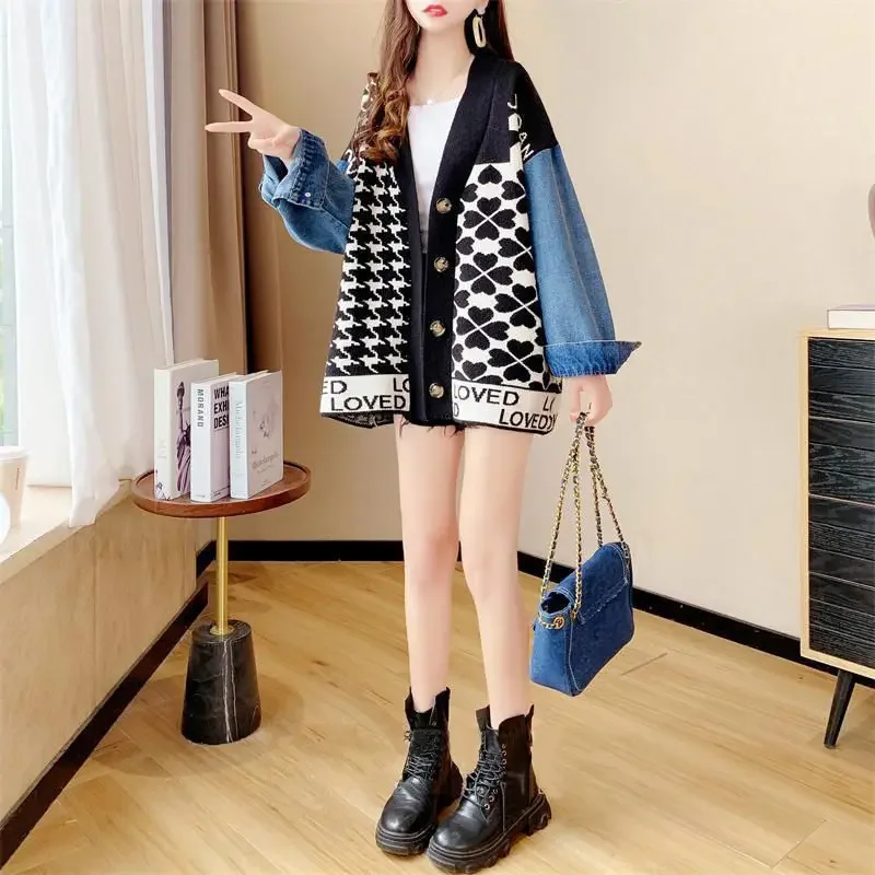 Женский джинсовый вязаный свитер Свободный кардиган оверсайз в японском стиле