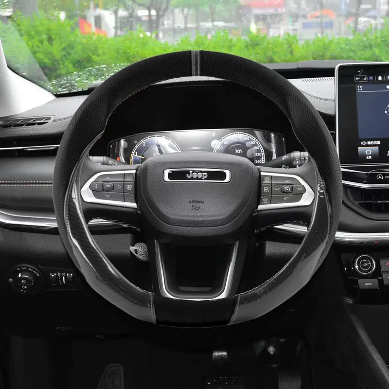 Фото Противоскользящий дышащий кожаный чехол на руль автомобиля для Jeep Renegade Grand Cherokee Compass Patriot Wrangler Liberty Trailhawk №1