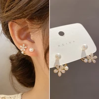 2022 new korean light luxury imitation pearl flower stud earrings ladies fashion crystal elegant jewelry everyday party gift