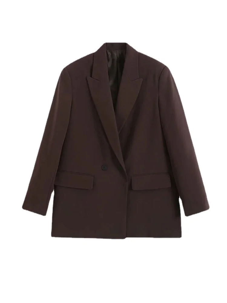 Women Fashion Double Breasted Loose Fitting Blazer Coat Vintage Long Sleeve Pockets Female Outerwear Chic Veste Femme