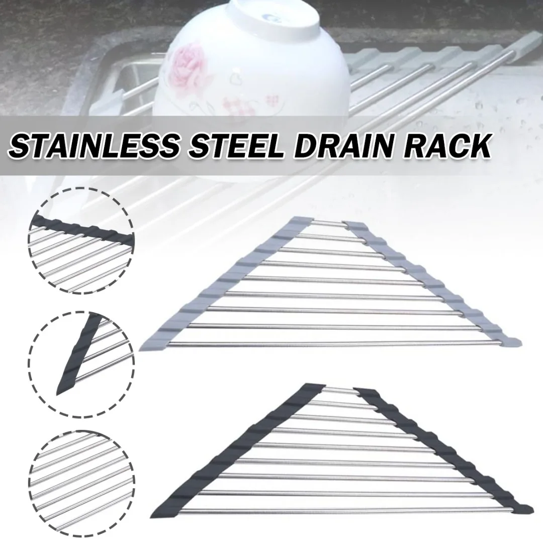 

Foldable Stainless Steel Dish Drainer Shelf Organizer Triangle Dish Drying Rack Corner Roll Up Caddy Sponge Holder For Sink