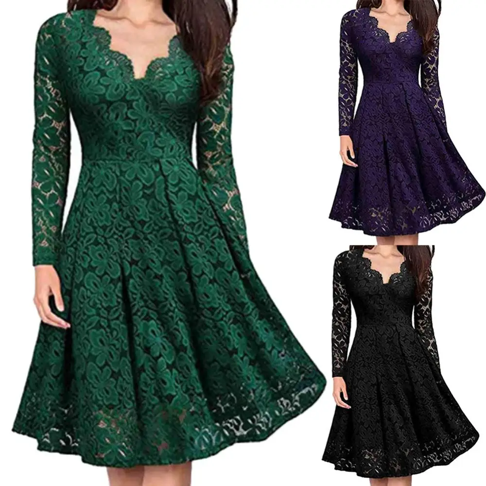 

Retro Women Lace Floral V Neck Long Sleeve Tight Waist A-line Party Midi Dress Tight Waist A-line Party Midi Dress Retro Women