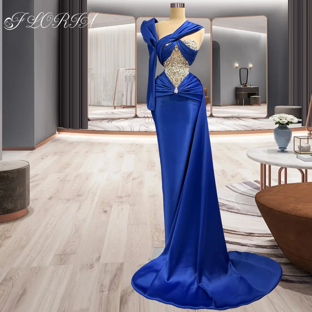 

New One Shoulder Dubai Mermaid Party Dress Blue Side Train Beaded Custom Made Prom Gown Long Plus Size Velvet Evening Dresses