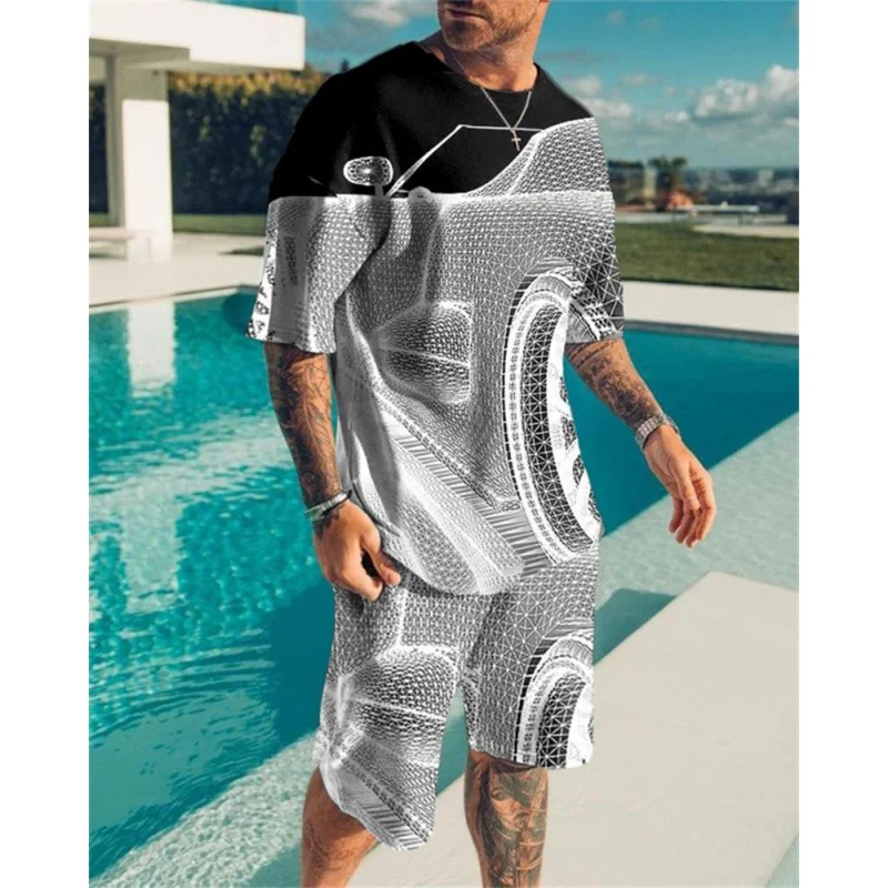 Men's Oversited Tshirt and short, Casual, Beach Style, European and American Trendy, 3D Digital Printing Texture, Summer New 202