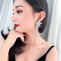 elegant sparkling star crystal stud earrings for women light luxury full cz zircon long tassel earring trendy party jewelry gift