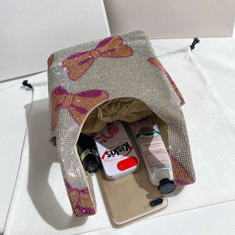 Rhinestone Bow Mini Bag Bucket Bow Ita Bag New Pink Women Handbag Tote Small Ladies Sling Bag Crossbody Messenger Bolso Mujer