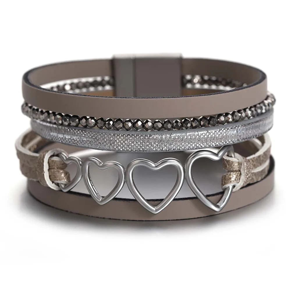 

Amorcome New Style Hollow Heart Charm Bracelets Crystal Beads Multilayer Leather Wrap Bracelet for Women Femme Statement Jewelry