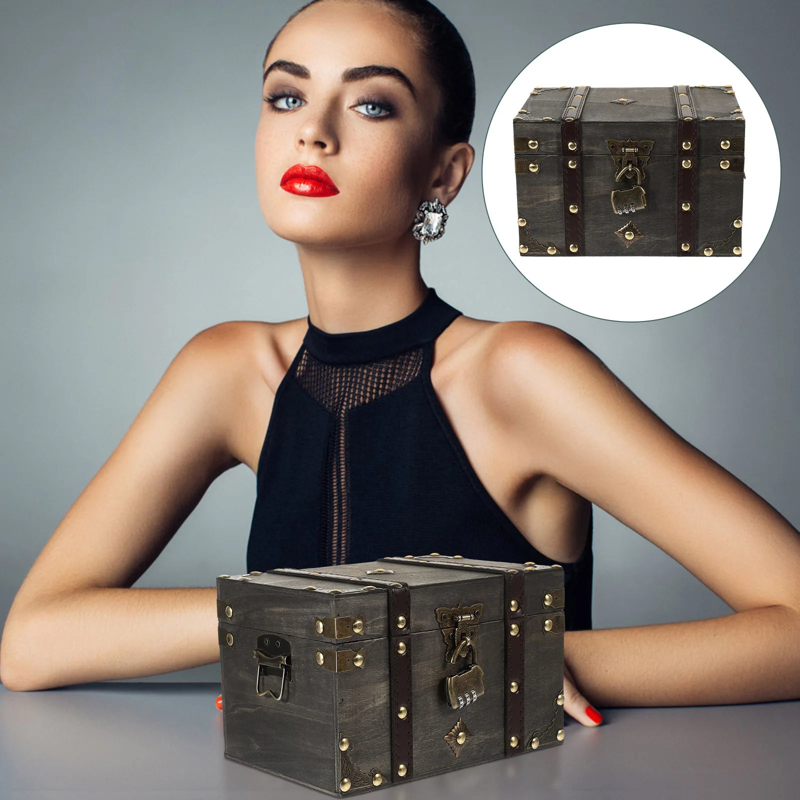 

Retro Pirate Treasure Chest Jewelry Container Wooden Metal Piggy Bank Vintage Case Locked