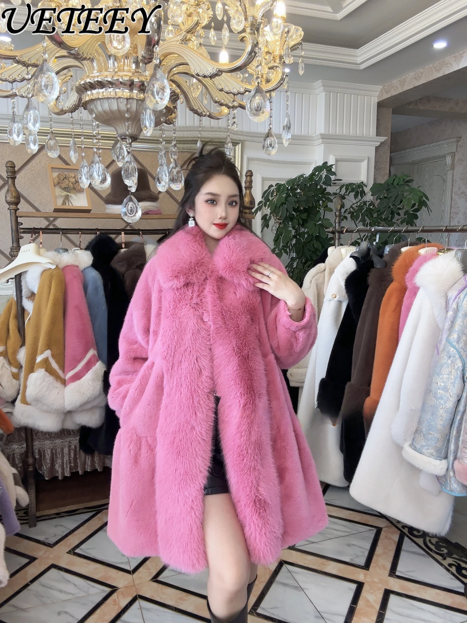 

New European Mink Mid-Length Fur Lapel Toka Fox Fur Coat Western Style Luxury Slimming Winter Faux Fur Jacket for Women