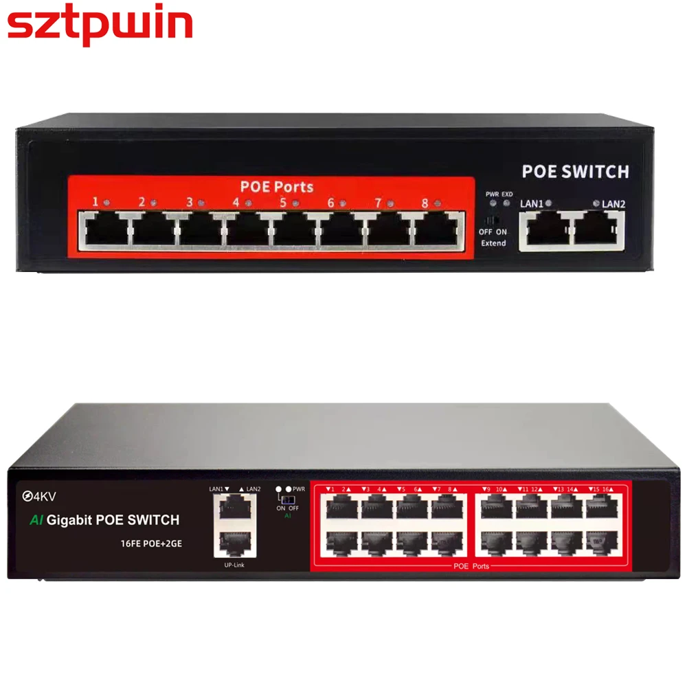 

SZTPWIN 48V 8/16 Ports POE Switch Ethernet 10/100Mbps IEEE 802.3 Af/at for IP CCTV Security Camera System