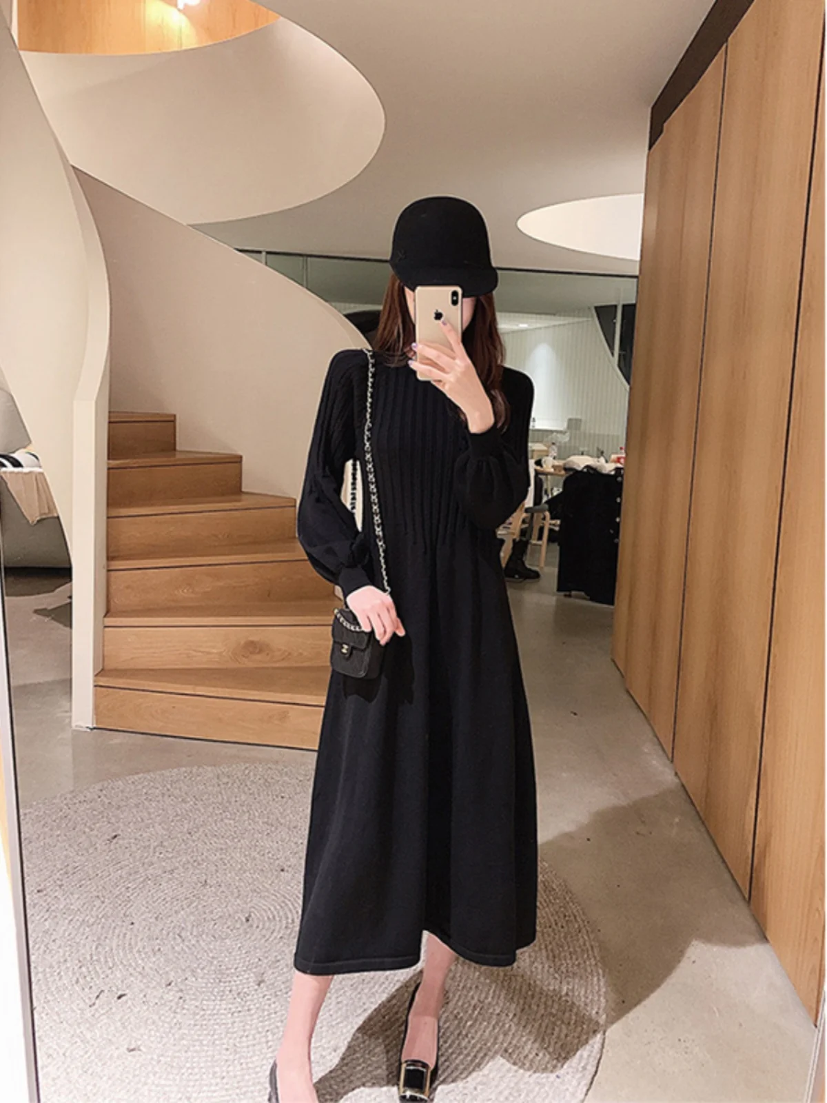 Платье-свитер с рукавами-фонариками женское осенне-зимнее одинаковое пальто