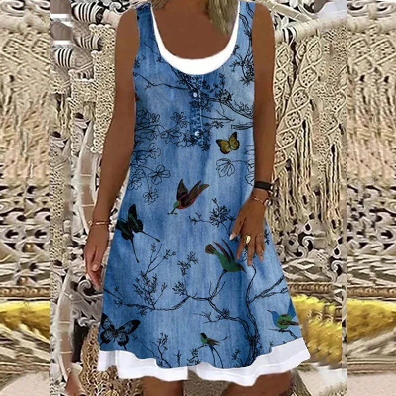 

Women Tank Dress 2022 Summer Retro Denim Style Floral Print Splice Mini Dress Casual Sleeveless O-Neck Loose Dresses S-5XL Robe