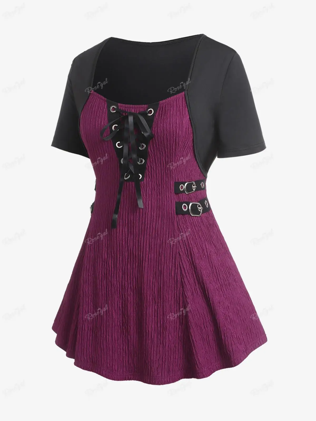 

ROSEGAL Plus Size New Casual T-shirt Purple Blouse Square Neck Buckles Lace Up Shirred Short Sleeves Tops For Women