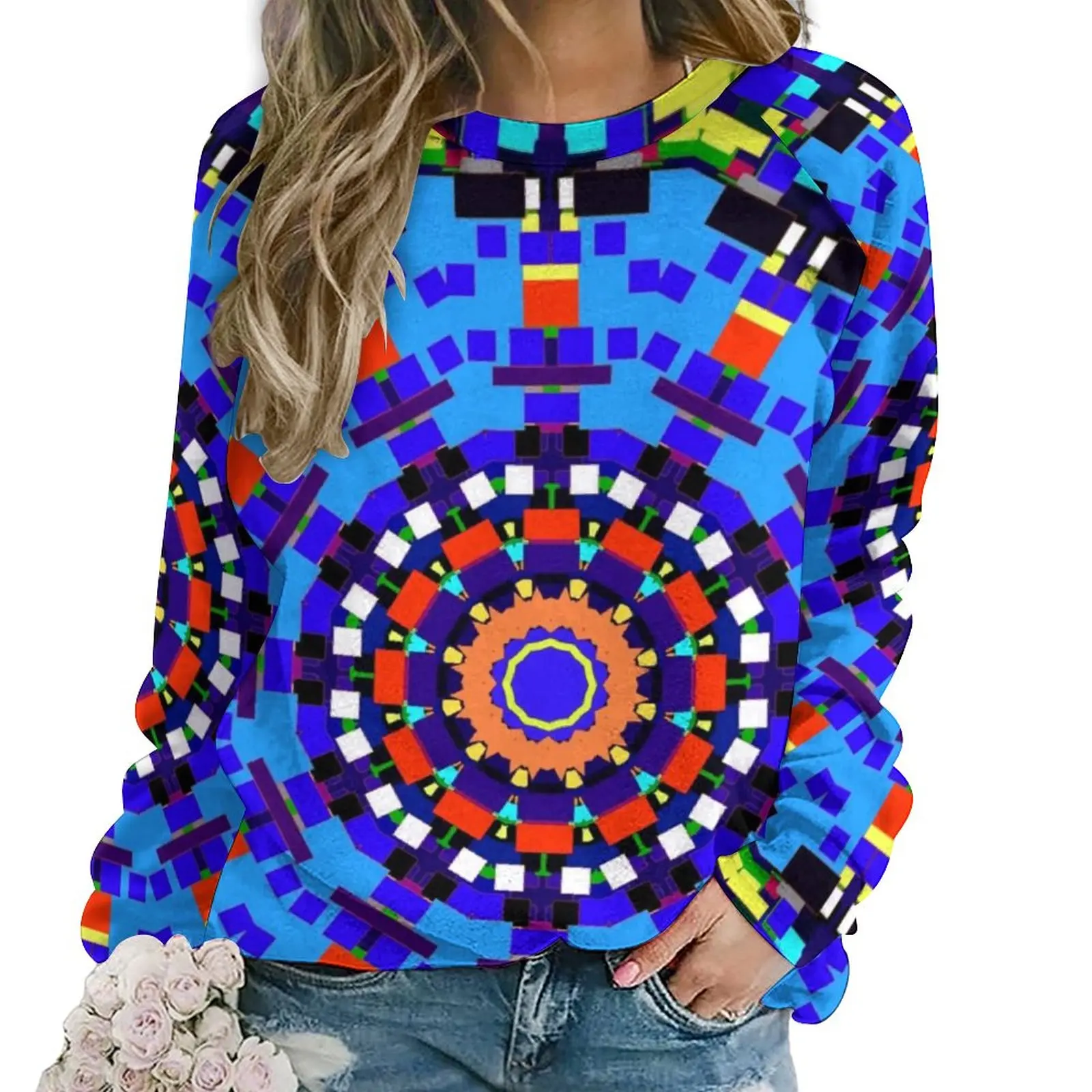 

Bright Mandala Blue Red Hoodies Autumn Abstract Geometric Mandalas Art Harajuku Oversize Hoodie Long-Sleeve Casual Sweatshirts